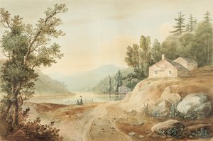 Veja perto de Fishkill, Nova York: Estudo Preparatório para a Placa 17 do Rio Hudson PortFolio, 1820 (Aquarela, grafite, vidros seletivos e arranhões com toques de guache sobre papel, de William Guy Wall
